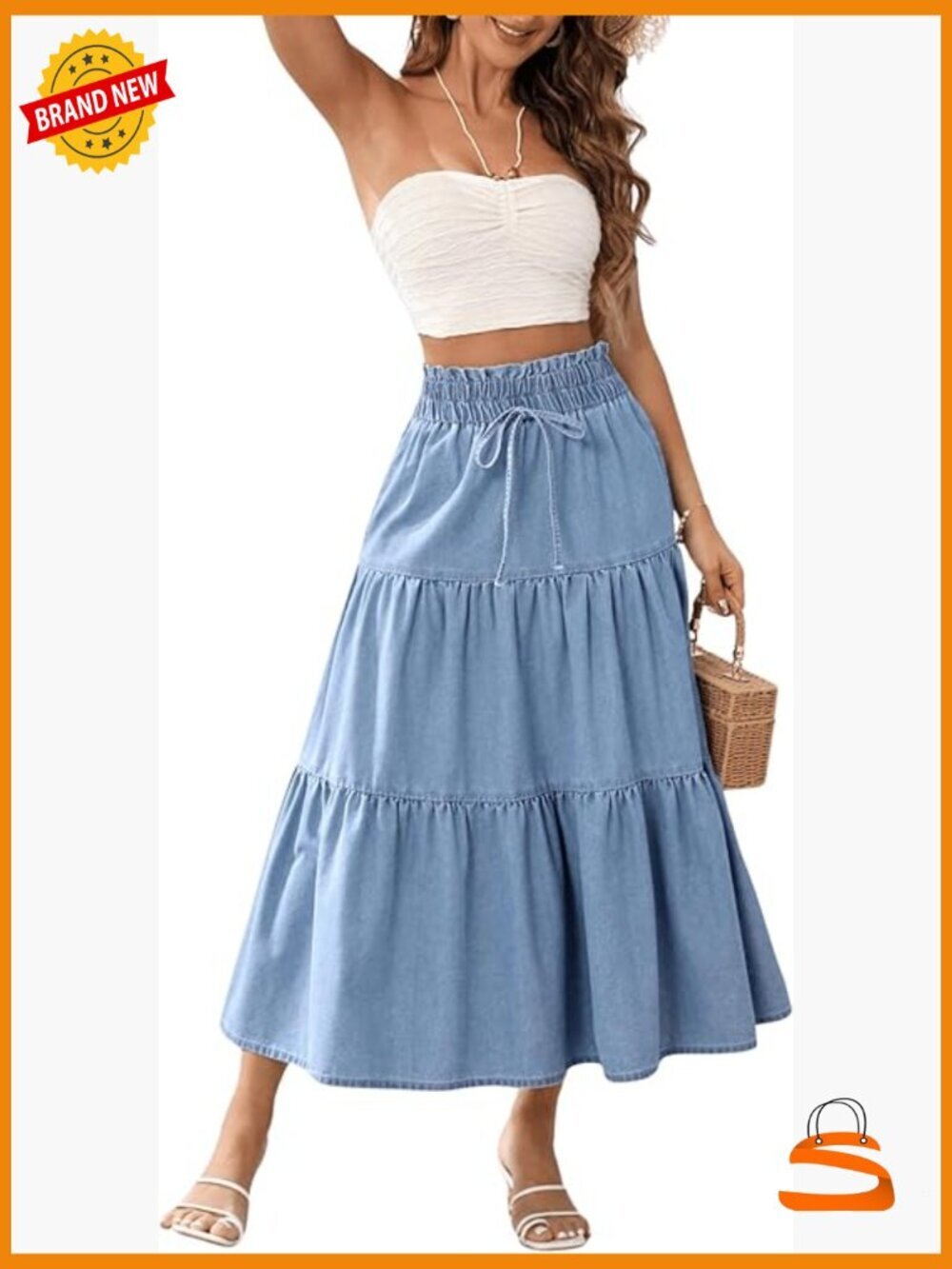 Women's Denim Maxi Long Skirt Ruffle Tiered High Waisted Flowy A Line